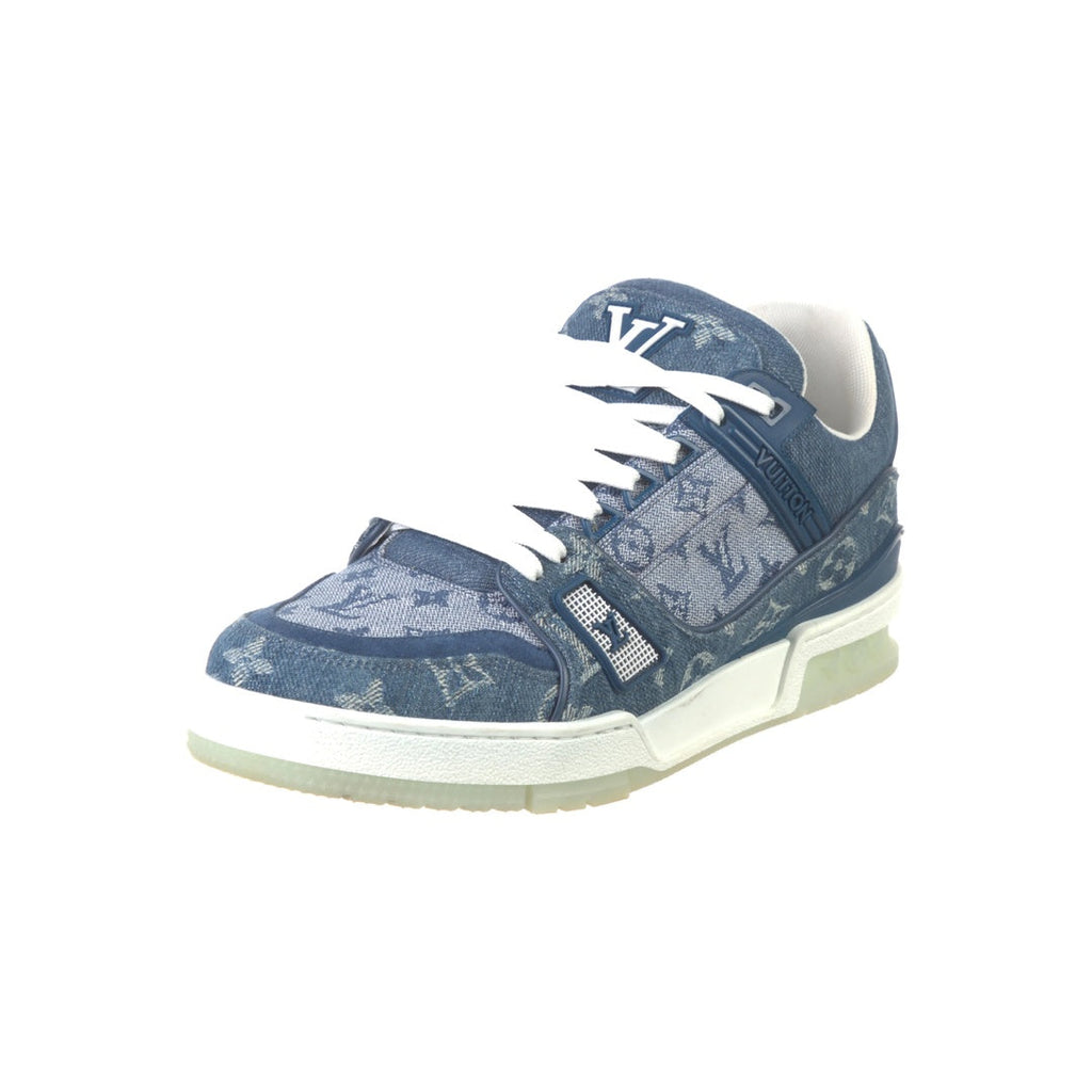 LOUIS VUITTON CALFSKIN EMBOSSED MONOGRAM DENIM LV TRAINER SNEAKERS BLUE