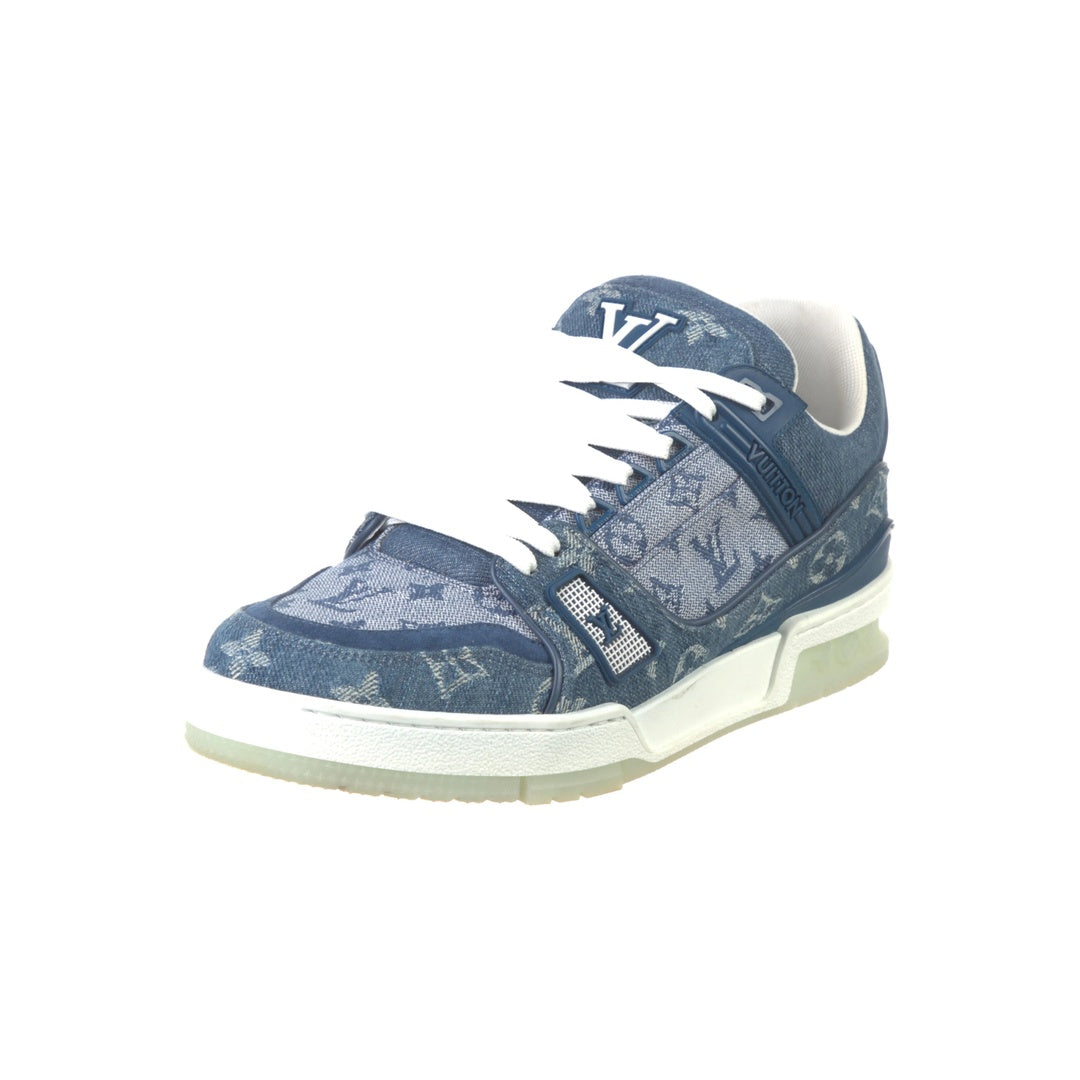 LOUIS VUITTON CALFSKIN EMBOSSED MONOGRAM DENIM LV TRAINER SNEAKERS BLUE