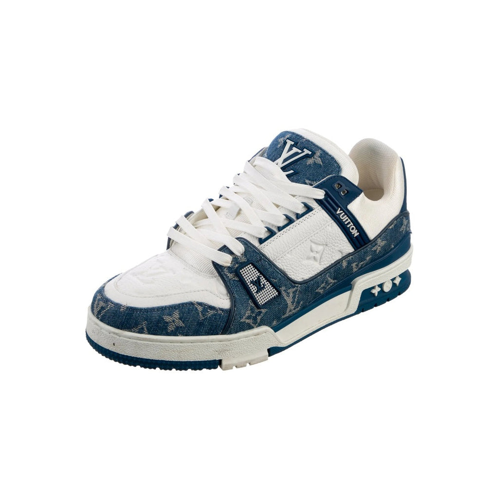 LOUIS VUITTON CALFSKIN EMBOSSED MONOGRAM DENIM LV TRAINER SNEAKERS BLUE