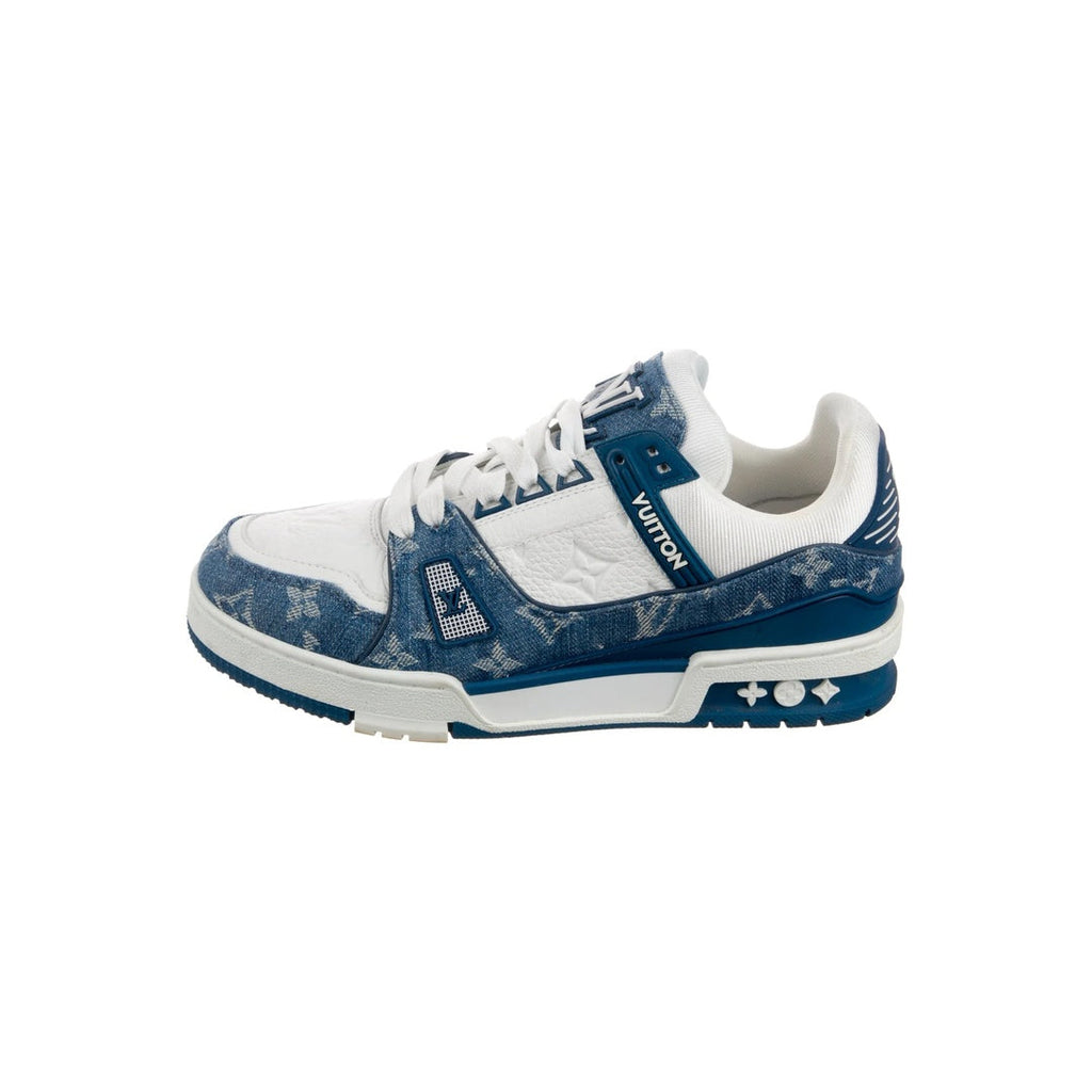 LOUIS VUITTON CALFSKIN EMBOSSED MONOGRAM DENIM LV TRAINER SNEAKERS BLUE