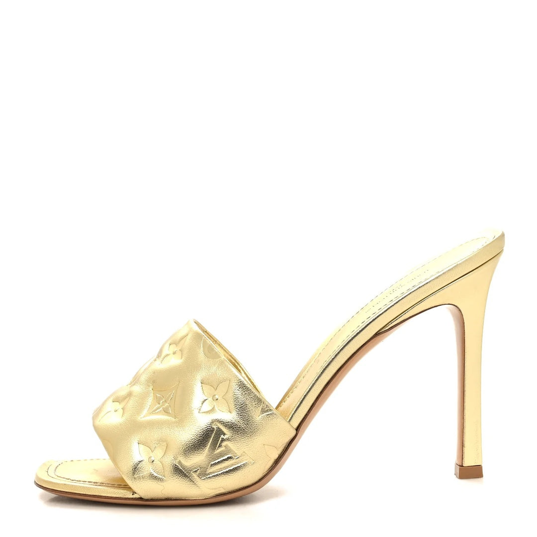 LOUIS VUITTON METALLIC LAMBSKIN MONOGRAM REVIVAL HIGH HEEL MULES GOLD