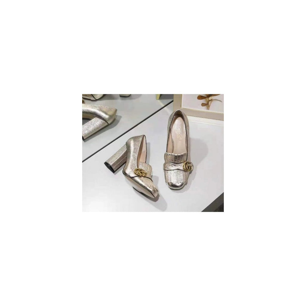 GUCCI MARMONT FRINGED LOAFER HEEL METALLIC
