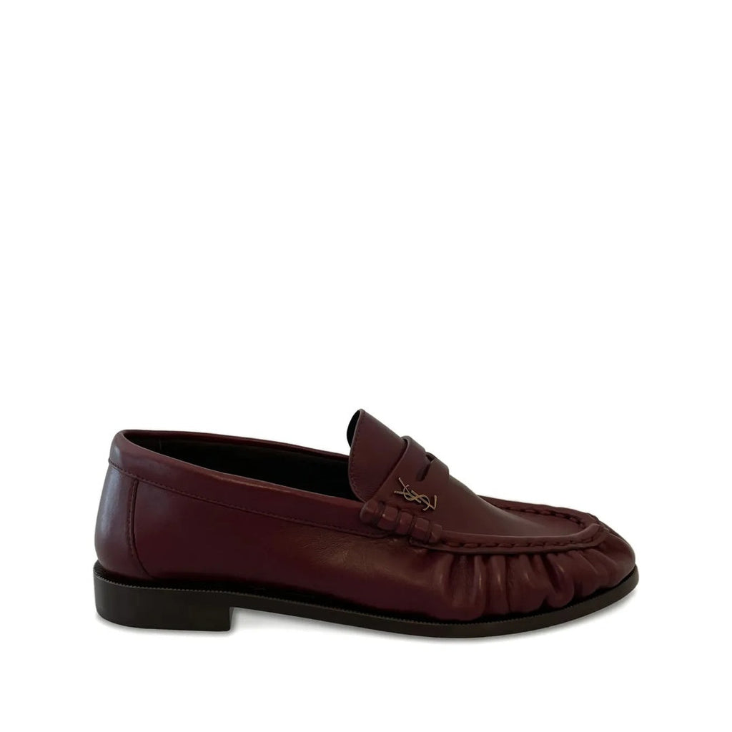 SAINT LAURENT LOGO-PLAQUE LEATHER LOAFERS BURGUNDY
