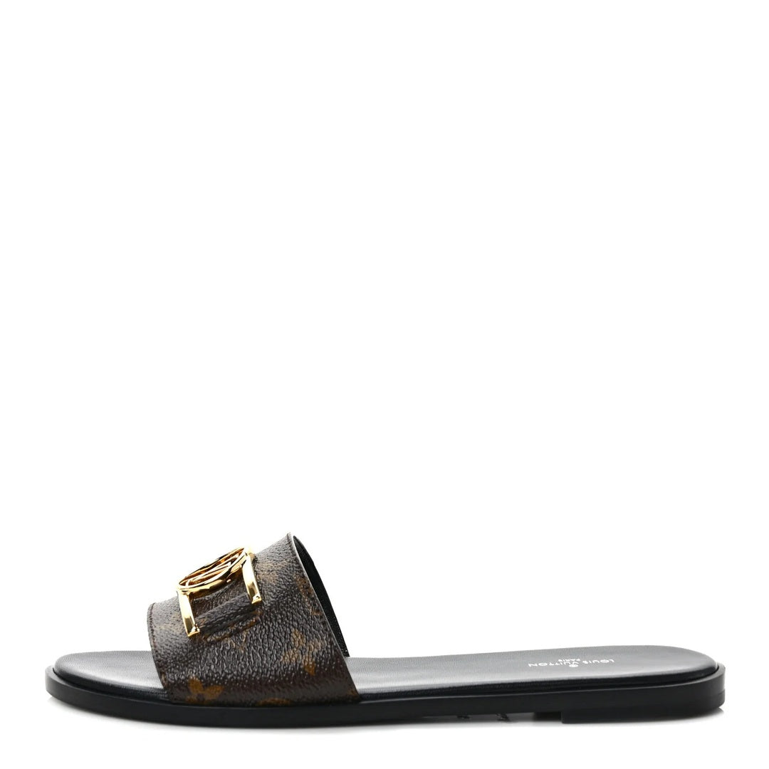 LOUIS VUITTON PATENT MONOGRAM LOCK IT FLAT MULE BROWN