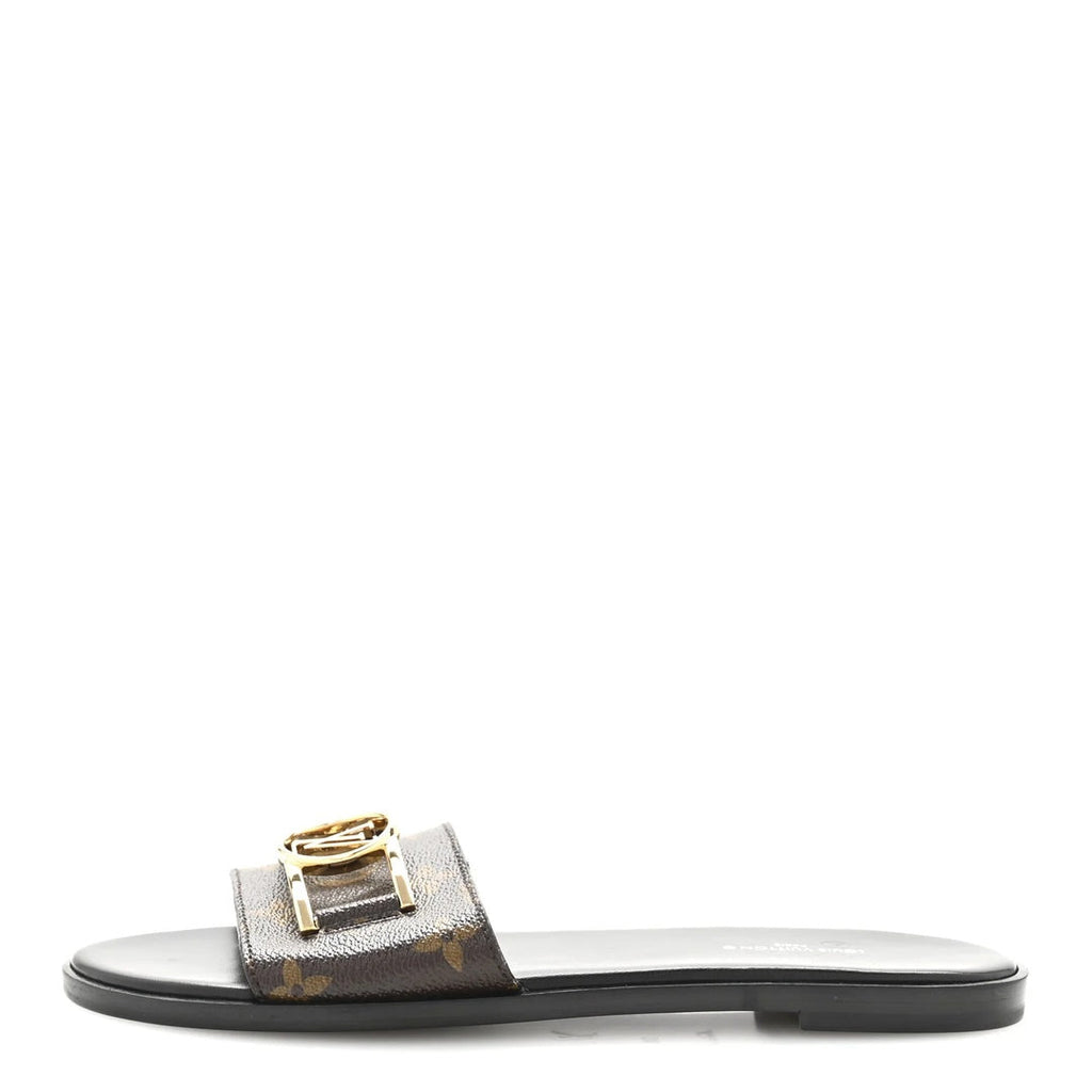 LOUIS VUITTON PATENT MONOGRAM LOCK IT FLAT MULE BROWN