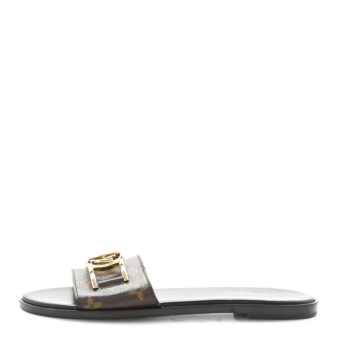 LOUIS VUITTON PATENT MONOGRAM LOCK IT FLAT MULE BROWN