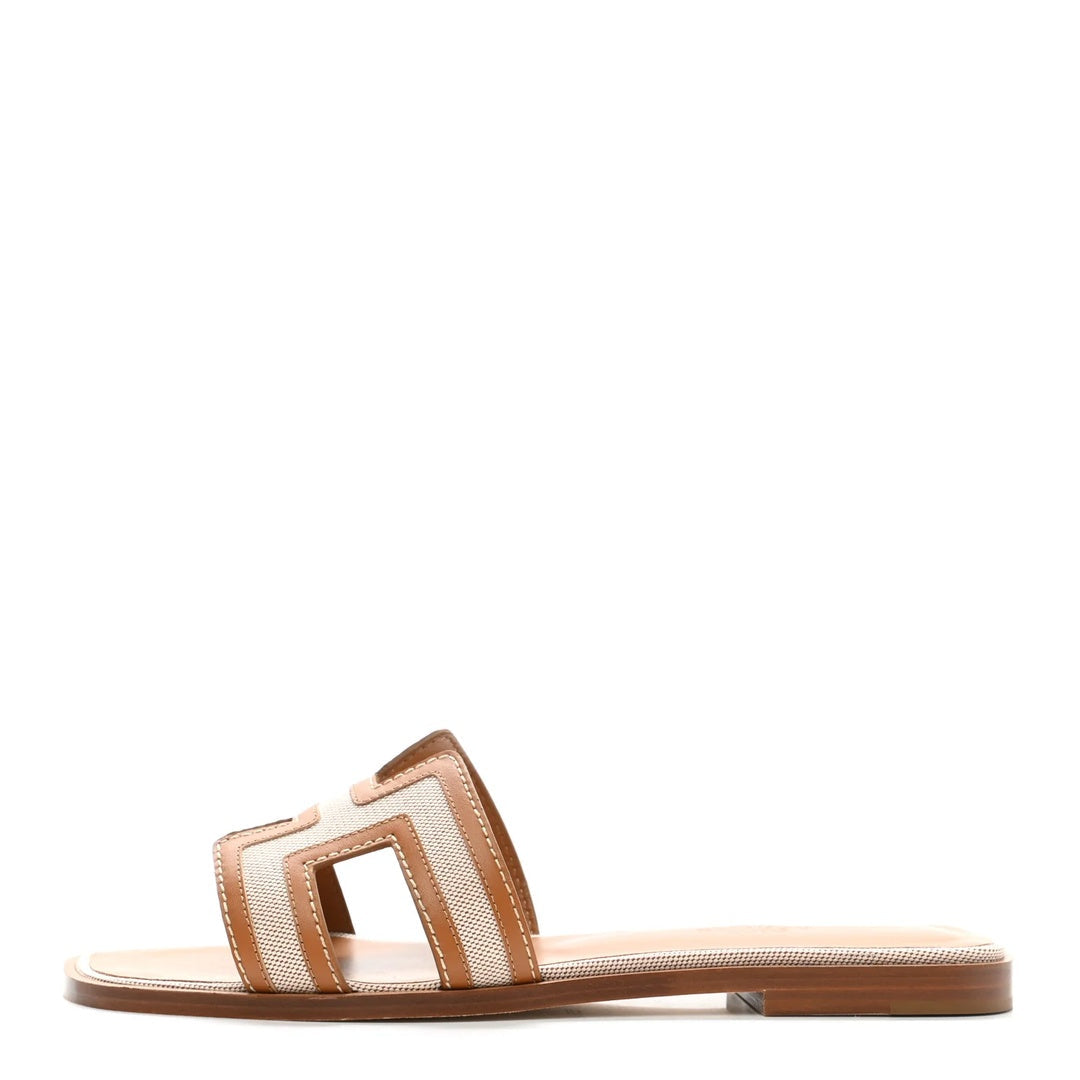 HERMÈS HERMES CALFSKIN CANVAS ORAN SANDAL NOISETTE BEIGE DORE TAN