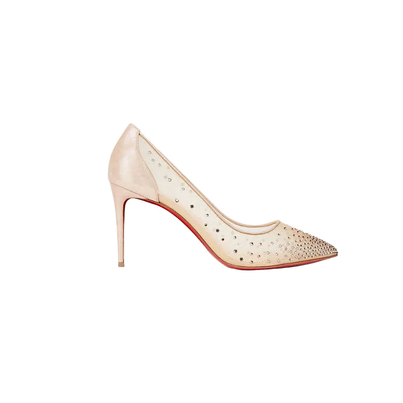 CHRISTIAN LOUBOUTIN SUEDE LAME CRYSTAL STRASS FOLLIES PUMP LIGHT SILK NUDE