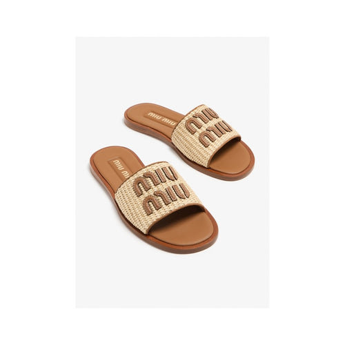 MIU MIU RAFFIA LOGO SLIDE SANDAL NATURALE BEIGE